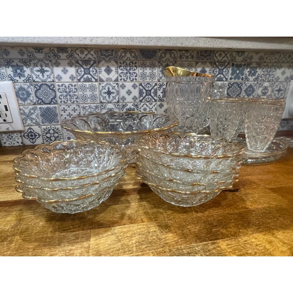 Jeanette Glass Thumbprint Set With Gold Edging, Vintage Depression Era